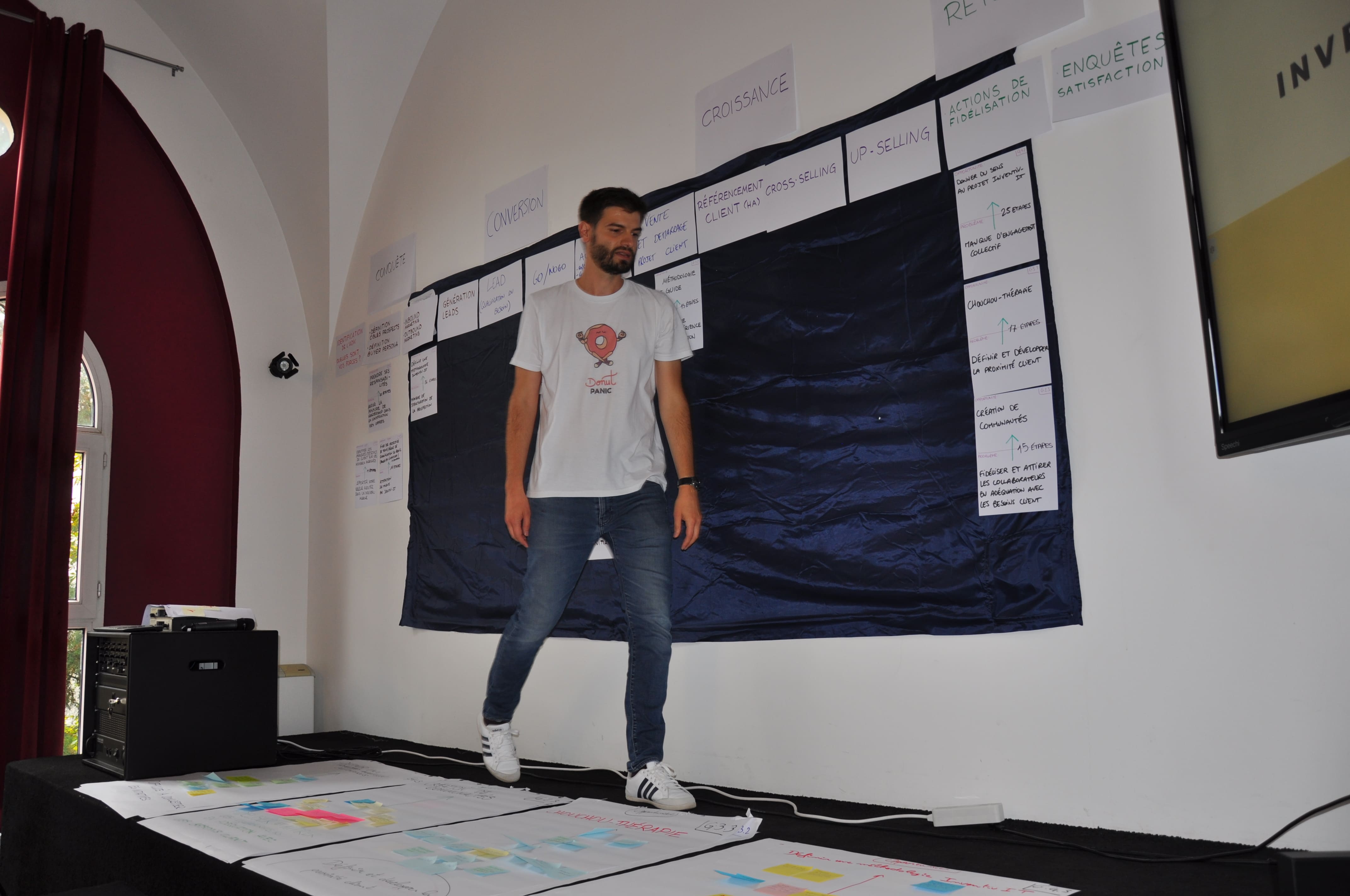 Quentin debout devant la fresque finale listant les 4 axes de transformation et les actions associées. Posture de synthèse en clôture du séminaire.